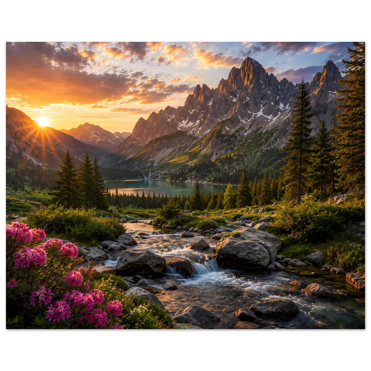 Landschaftsposter im Querformat: Fluss zwischen großen Felsen, violette Blüten und Berge