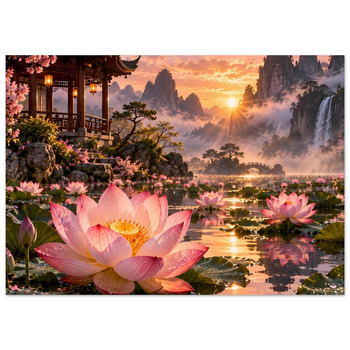 Poster mit rosa Lotusblüten, Pagode links und Flusslandschaft im warmen Abendlicht