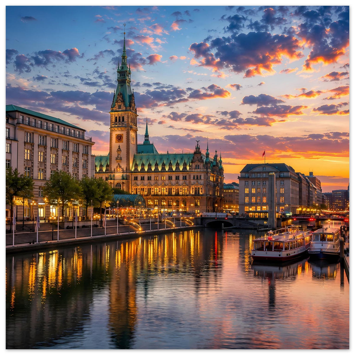 Stadtlandschafts-Poster mit beleuchtetem Zentrum, Fluss und Sonnenuntergang mit orangefarbenen Wolken