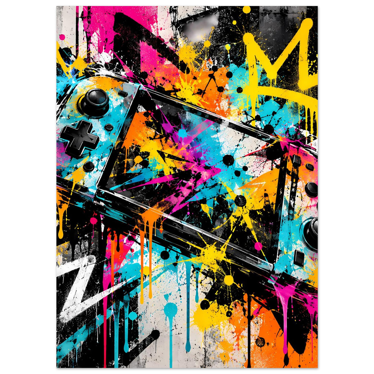 Gaming-Graffiti-Poster im Hochformat mit bunten Spritzern, Controller-Elementen und Farbflecken