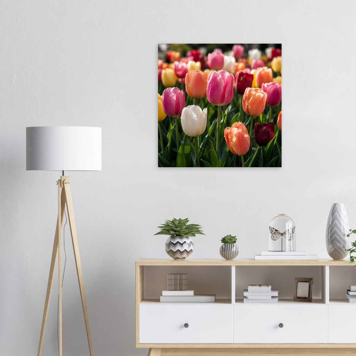 Quadratisches Tulpen-Poster mit mattem Premiumdruck und schwarzem Rand, bunte Blüten