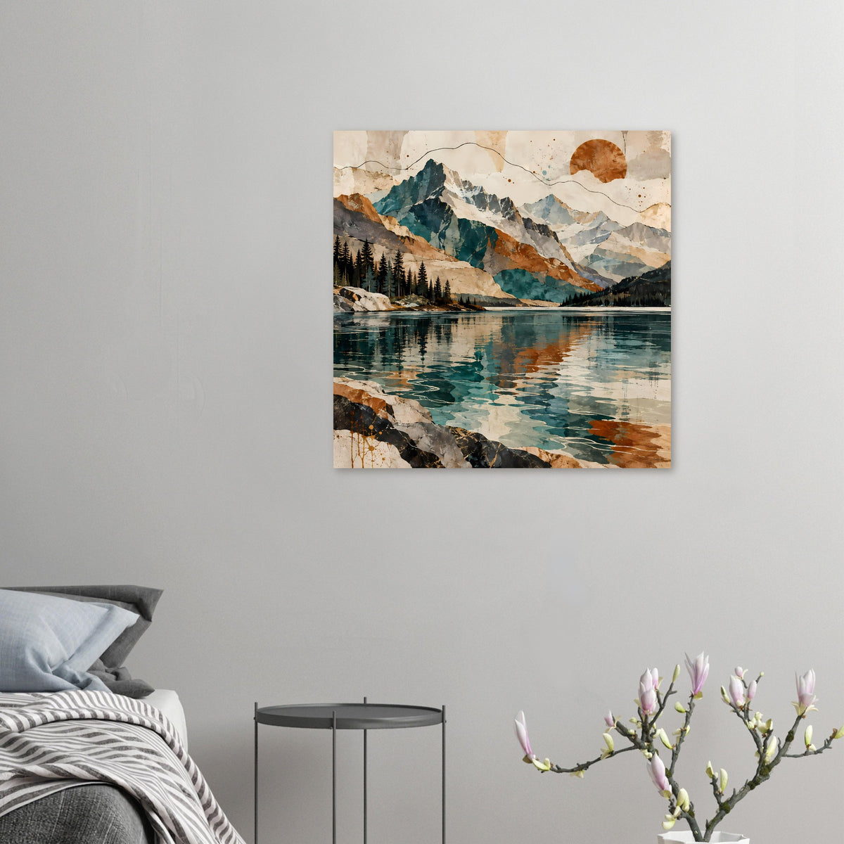 Kleines Poster mit Bergsee, Tannen und Felsvordergrund, im Vintage-Look