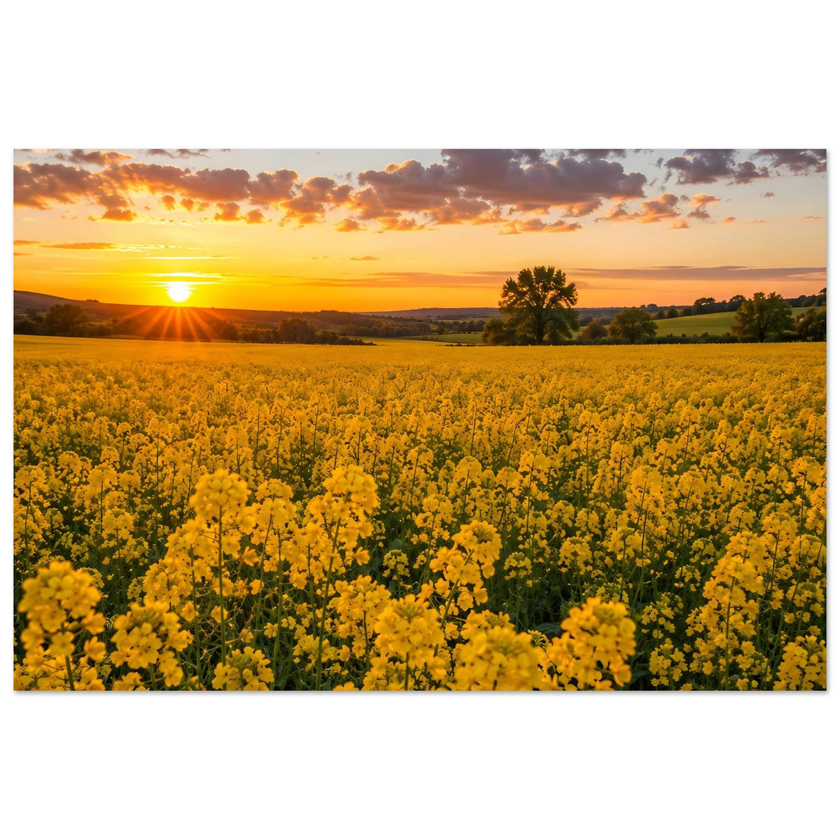 Landschaftsposter mit gelben Blüten im Vordergrund und goldenem Sonnenuntergang am Horizont
