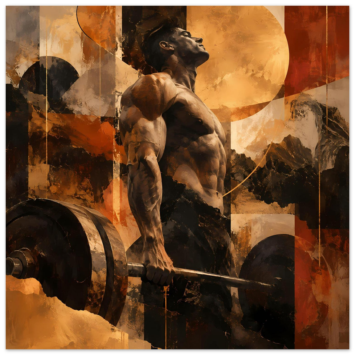 Fitness-Artposter mit aufgemaltem Hund am Hantelgriff, warmes Braun-Orange, vertikal