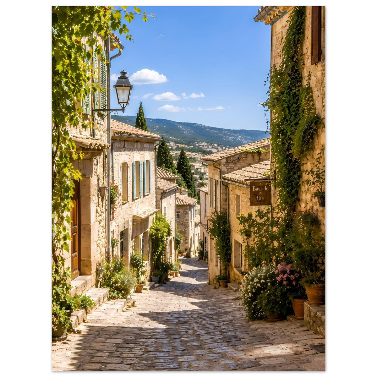 Straßenposter: mediterrane Gasse mit Töpfen, Steinpflaster und begrünten Wänden