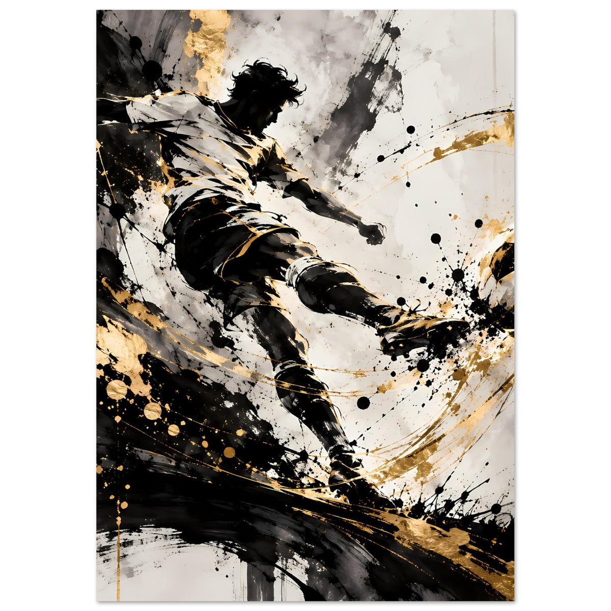 Wandposter im Hochformat: Fußballspieler im Schuss, schwarze Pinselstriche und goldene Spritzer.
