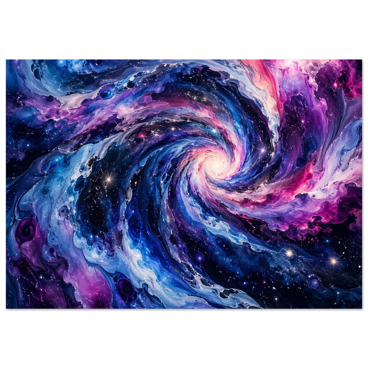 Horizontales Poster mit Spiralgalaxie, blau-violetter Farbnebel und Sternen