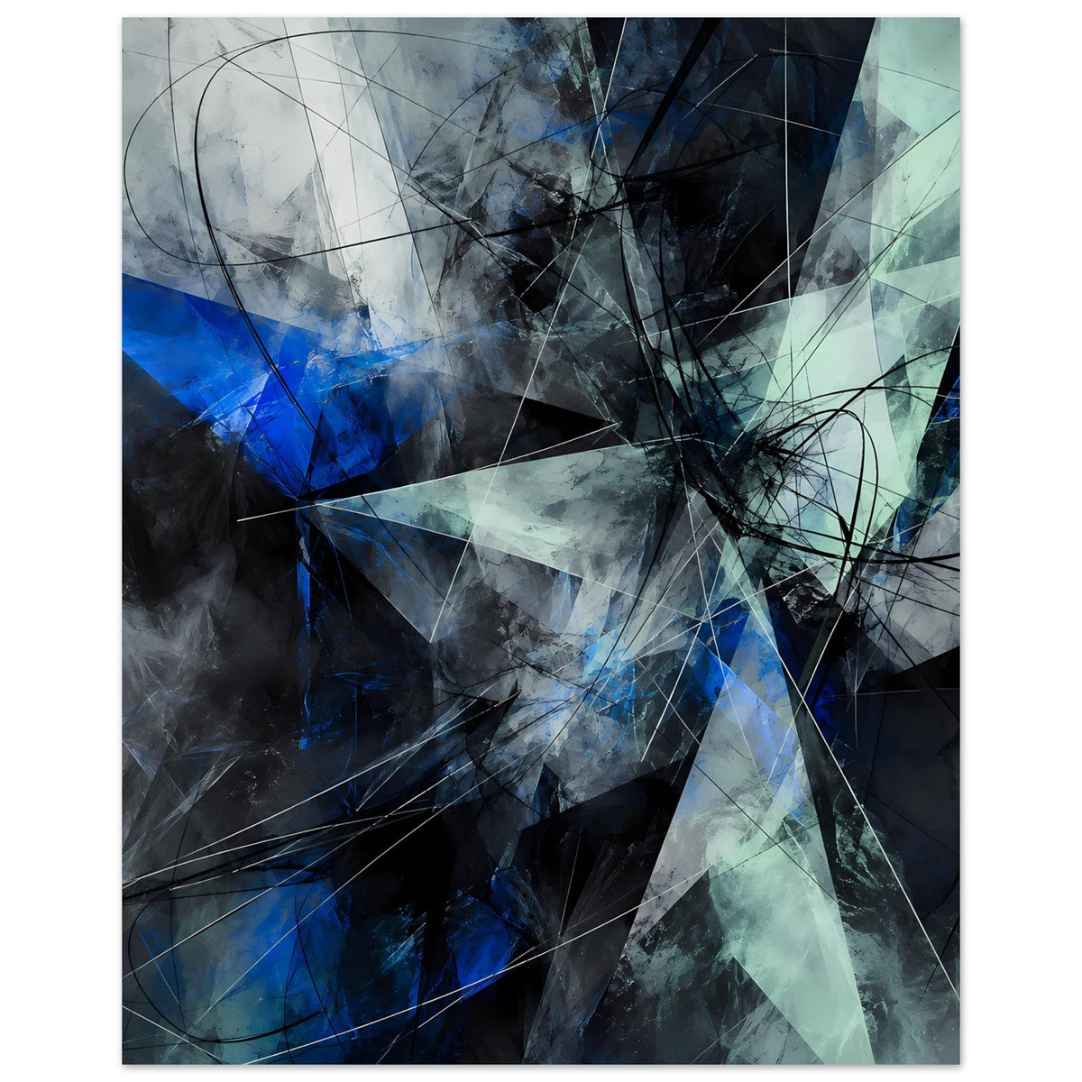 Abstraktes geometrisches Poster (Hochformat), blau, türkis und grau, dynamische Linien