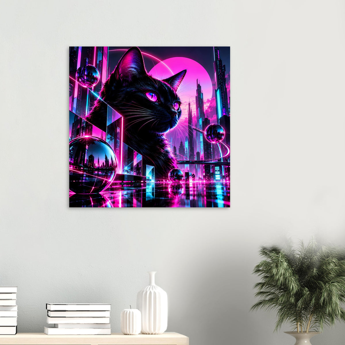 Quadratisches Poster mit schwarzer Katze im Neonstil, pink-blaue Skyline und leuchtende Kugeln