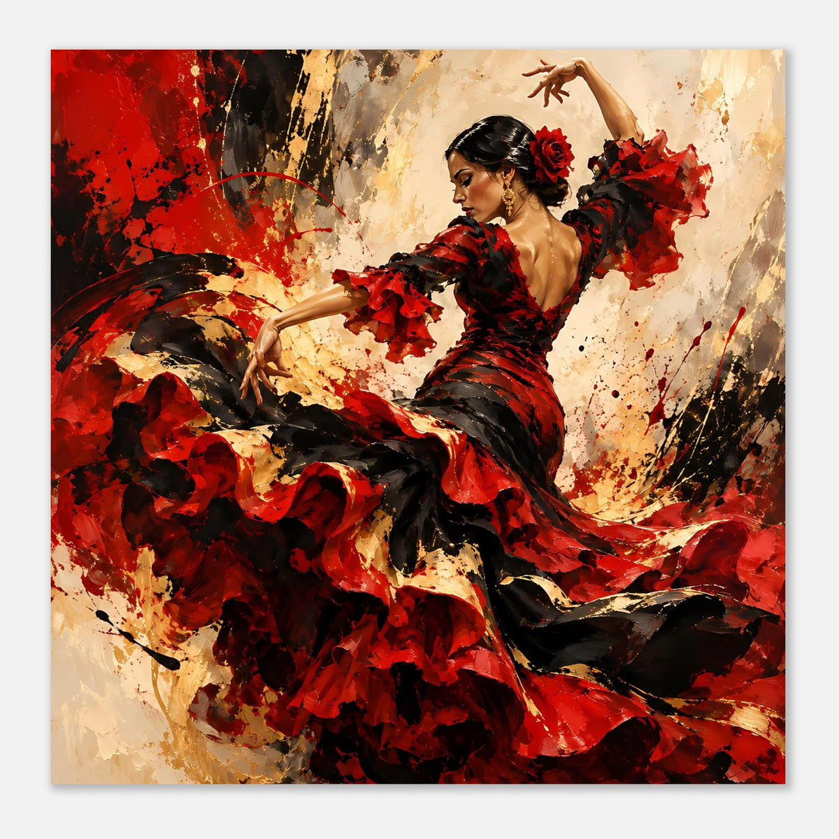 Poster: Flamenco-Tänzerin in Rot und Schwarz, ausgestreckte Bewegung