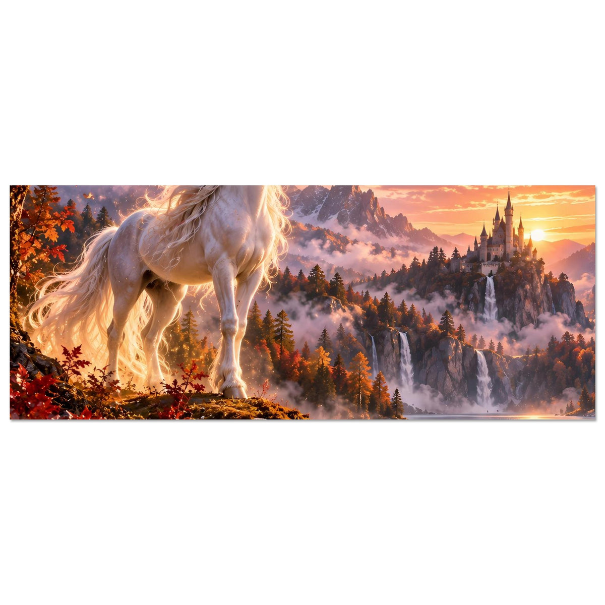 Einhorn-Fantasy-Poster (Querformat) mit leuchtendem weißem Einhorn vor See und Landschaft