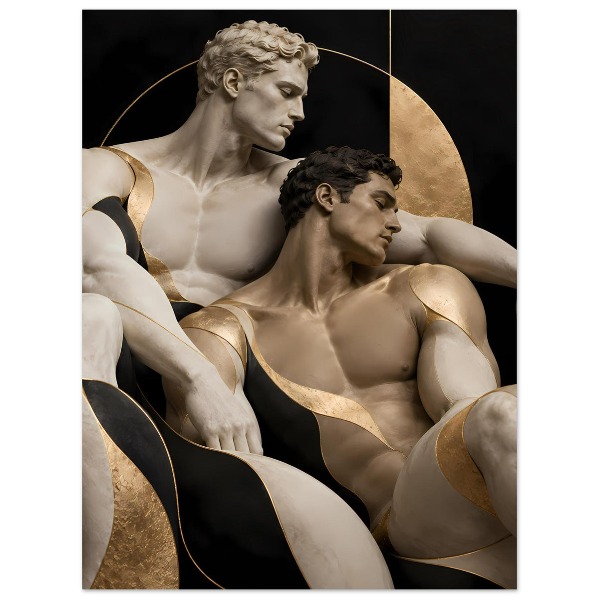 Sculpturales Poster mit zwei antiken Aktfiguren, goldene Ornamente auf dunklem Grund