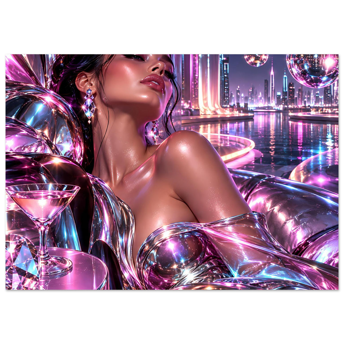 Neon-Glitzerposter mit Frau im Spiegelkostüm, funkelndem Kronleuchter-Design und Sci-Fi-Stadt