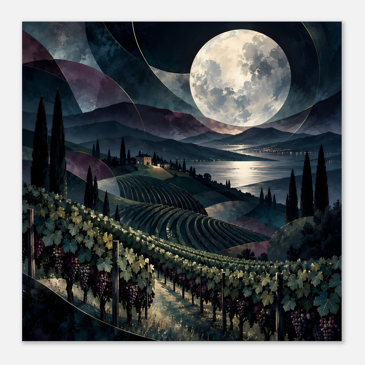 Poster im Rahmen mit Weinbergen bei Nacht, Mond über dem Tal und Rebenreihen im Vordergrund