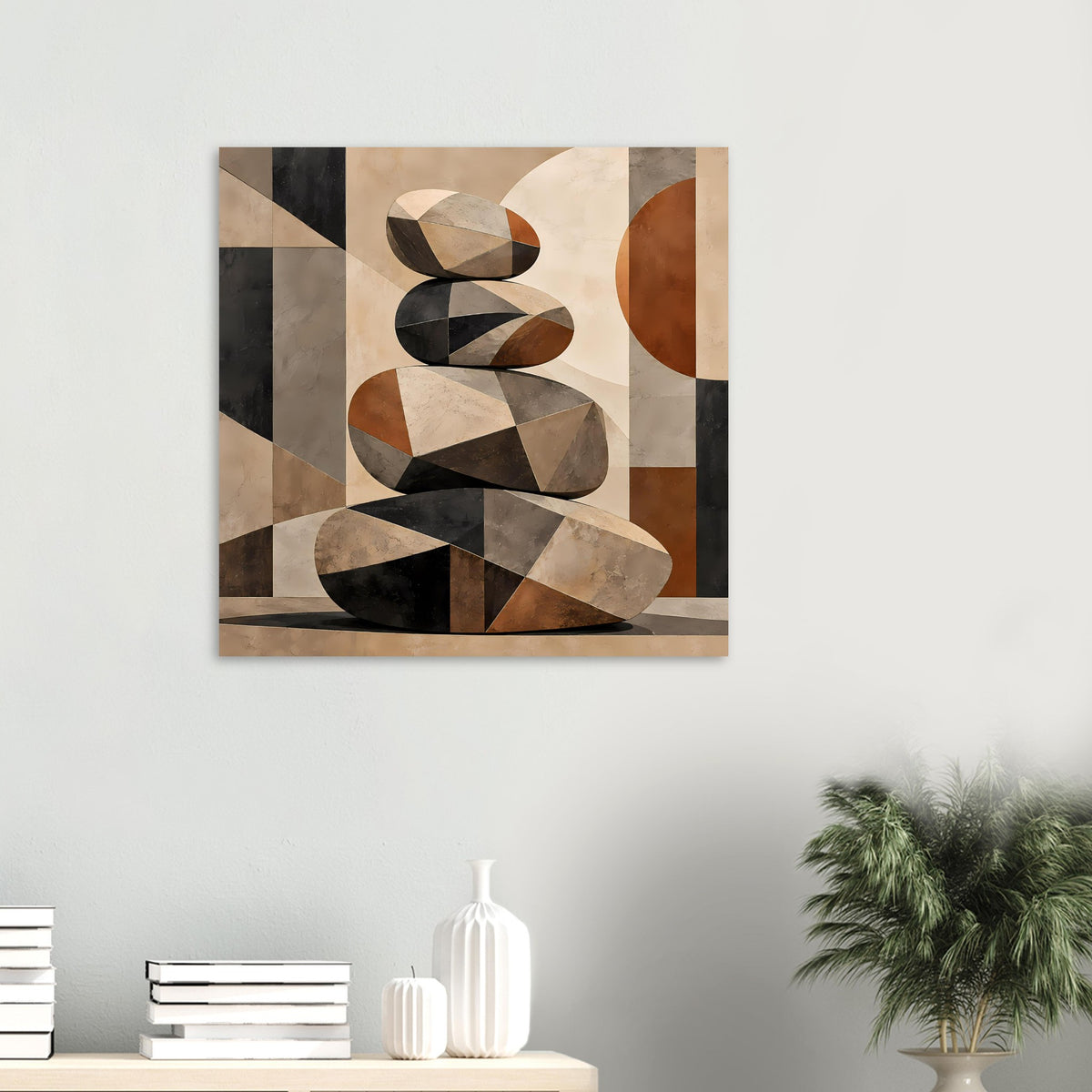Abstraktes Poster im Quadrat: Steinstapel aus geometrischen Blöcken in warmen Erdtönen