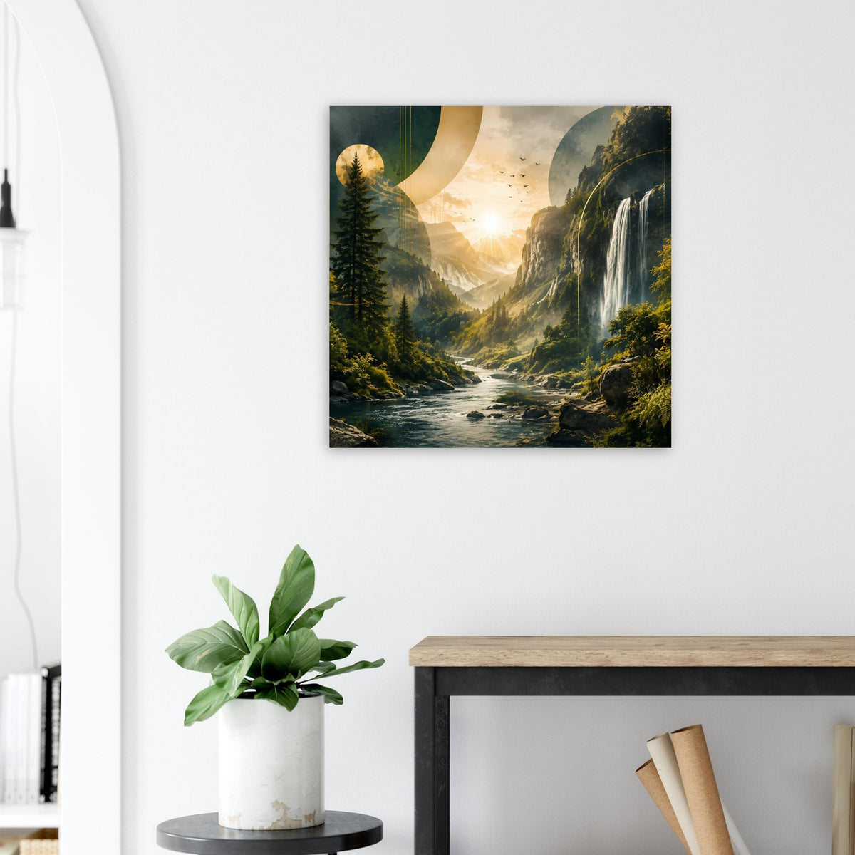Landschafts-Poster mit Wasserfall, Wald und Sonne, im schwarzen Rahmen