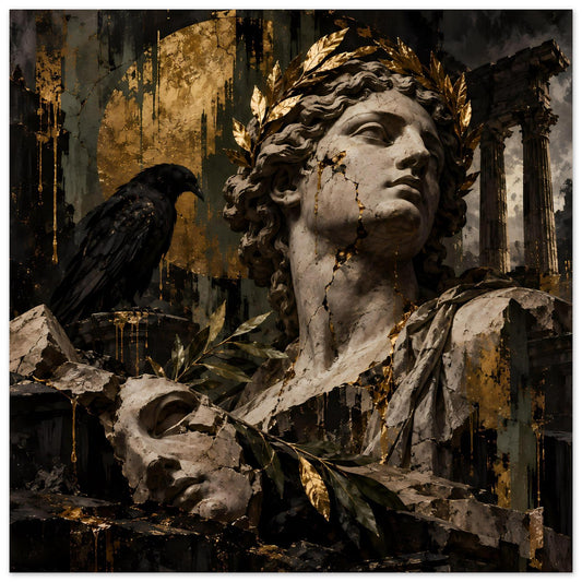 Barockes Poster mit marmorner Statue, goldenen Lorbeerzweigen und schwarzem Vogel