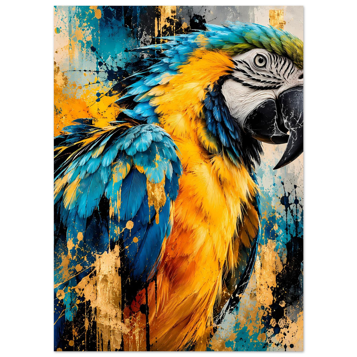 Parrot-Artposter, Nahansicht Papageienkopf mit schwarz-gräbtem Schnabel
