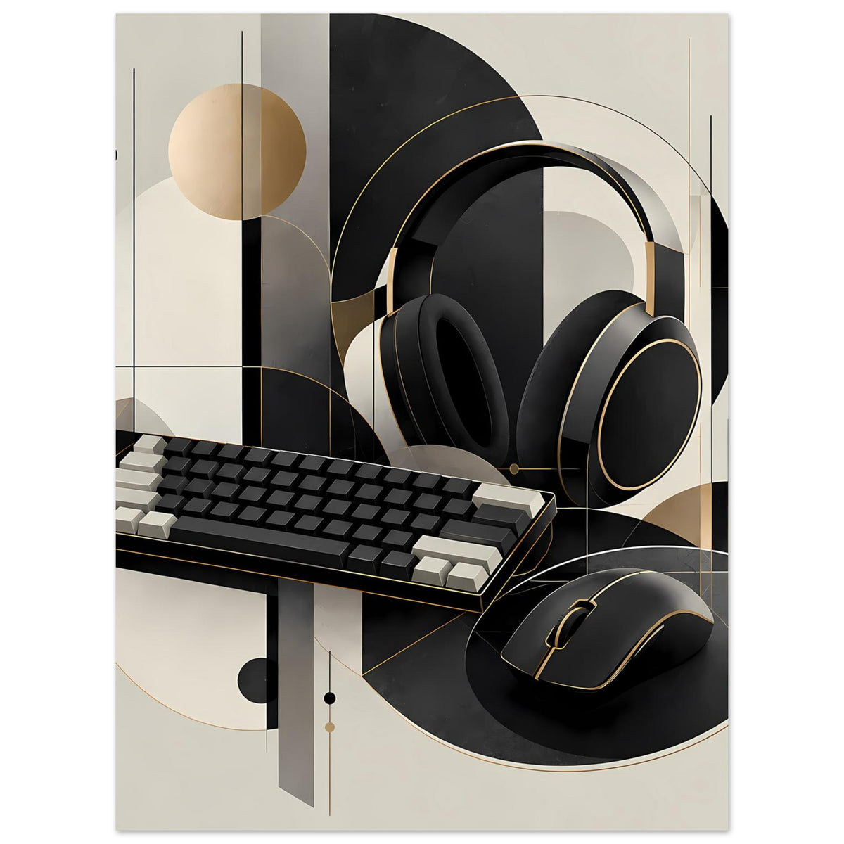 Gaming-Poster mit Headset, Tastatur und Maus, geometrische Kreise in Schwarz, Gold und Creme