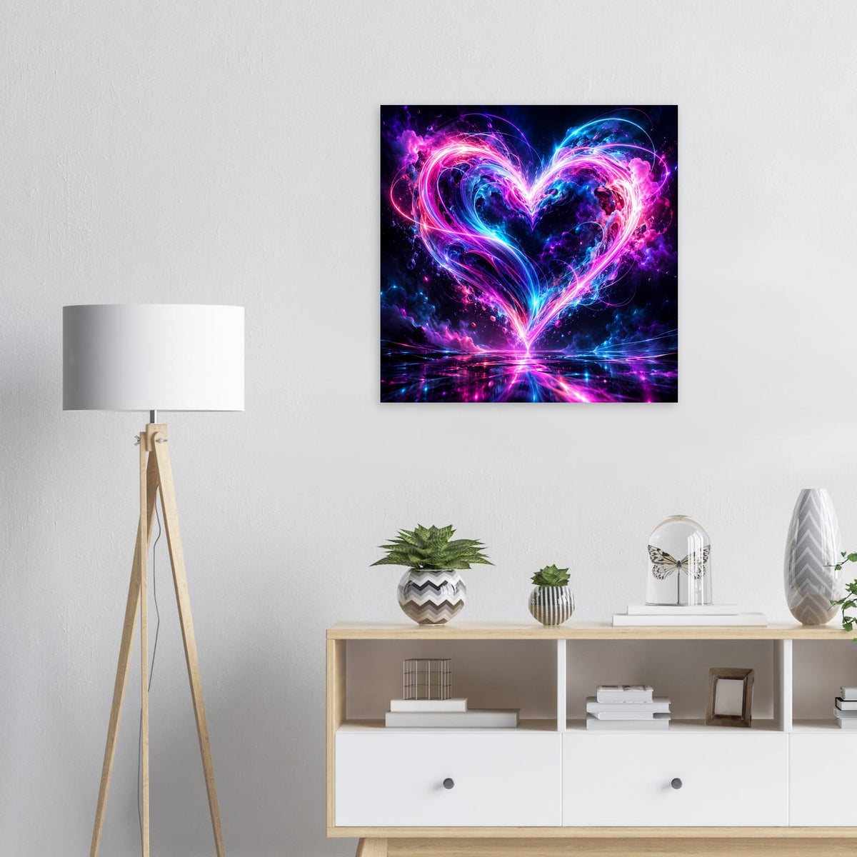 Quadratisches Kunstposter mit leuchtendem Neon-Herz in Pink und Blau
