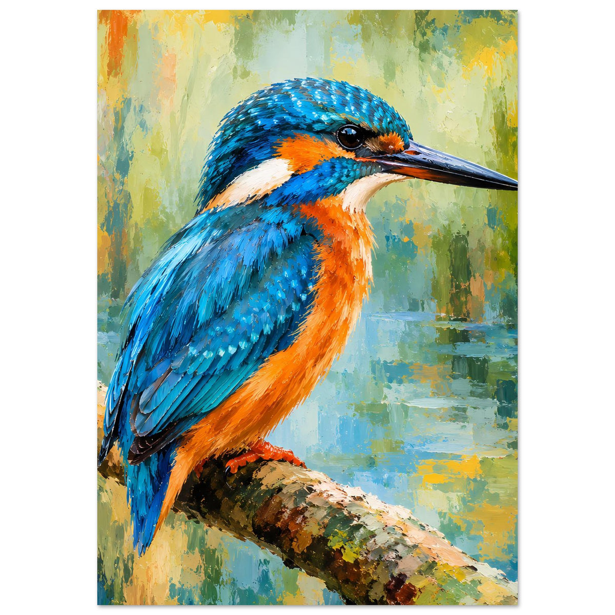 Kunstdruck mit Eisvogel, mittiger Ausschnitt: Auge, Schnabel und blau-oranges Gefieder