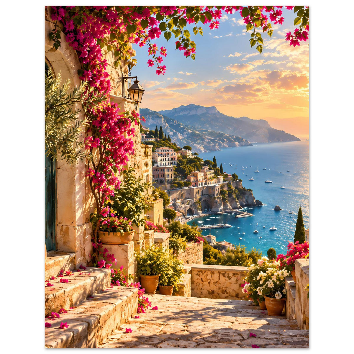 Poster mit Küstengasse bei Golden Hour, Laterne, Blumenampeln und Bucht