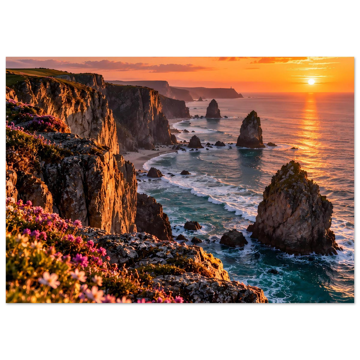 Horizontales Poster: steile Klippen am Meer bei Sonnenuntergang, Sonne und Brandung