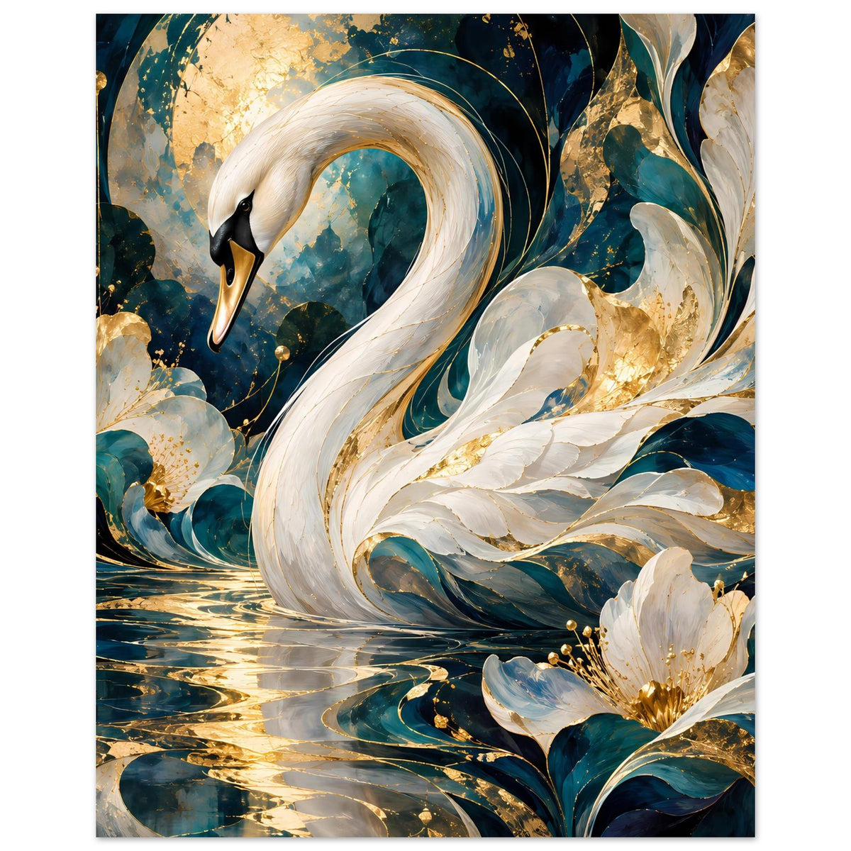 Poster mit weißem Schwan und türkis-goldener Komposition, weiche Federkanten und Blumen