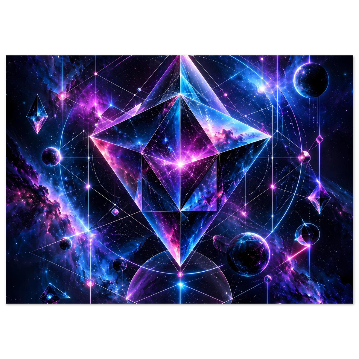 Kosmos-Geometrie-Poster mit dreieckigem Stern, Planeten und magenta-blaue Leuchtlinien, horizontal