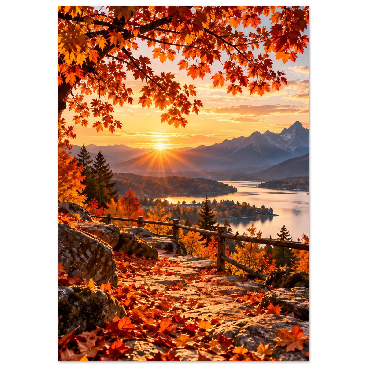 Hochformatiges Landschaftsposter mit Herbstblättern, Felsenweg, Holzgeländer, See und Sonne.