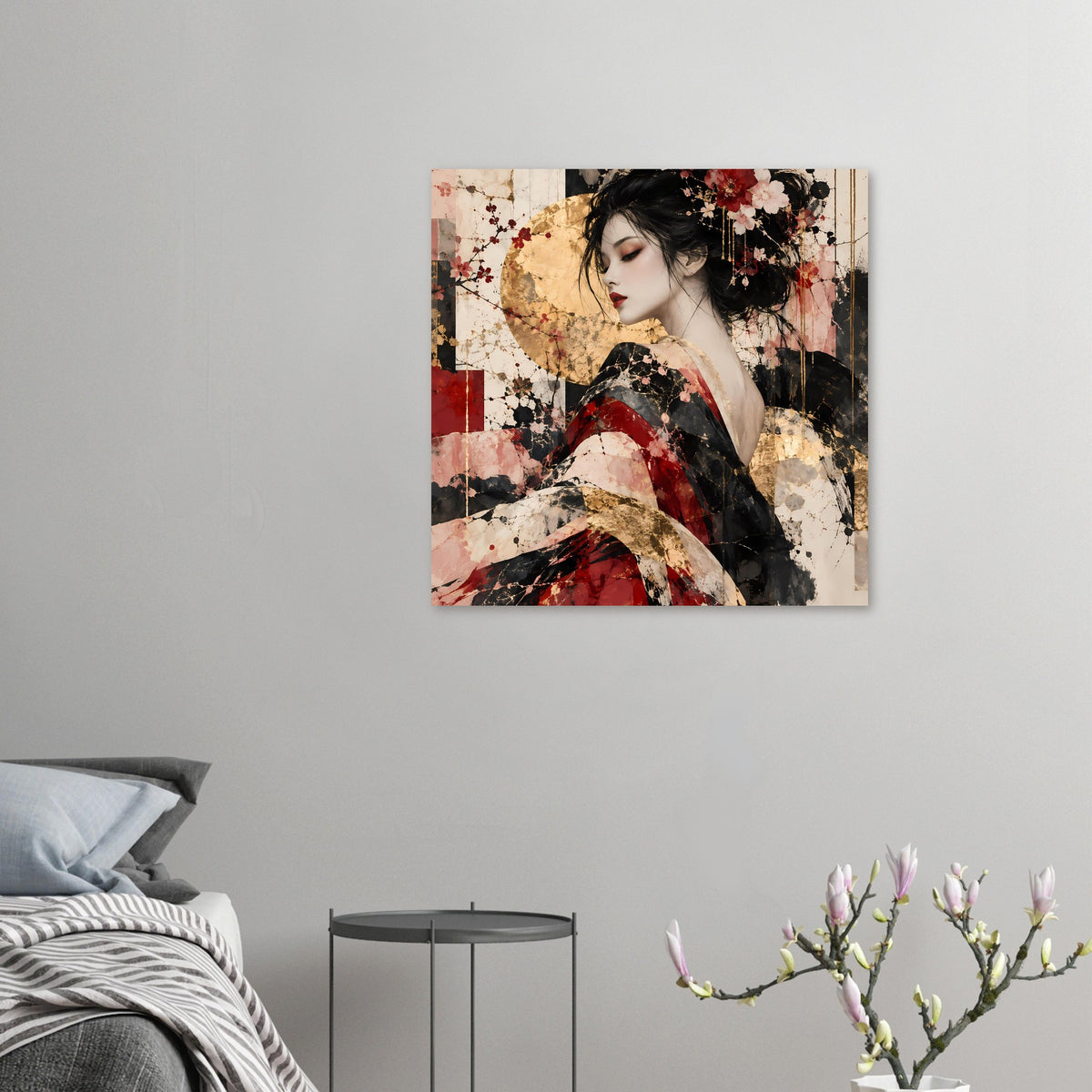Asiatisches Kunstposter mit Frau im Kimono in Rot, Rosé und Gold