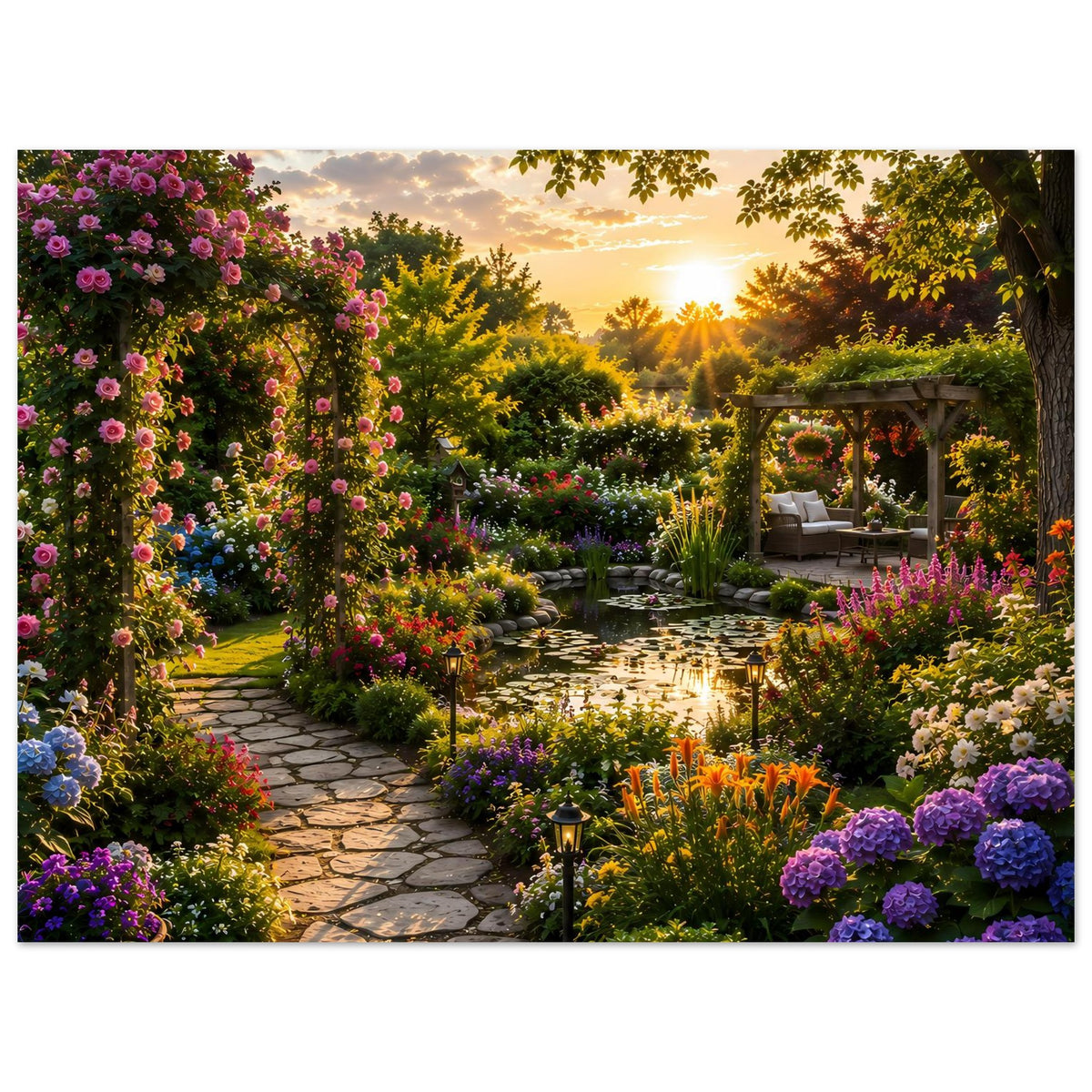 Querformatiges Poster mit üppigem Blumenbeet, Gartenweg und Pavillon bei Abendsonne