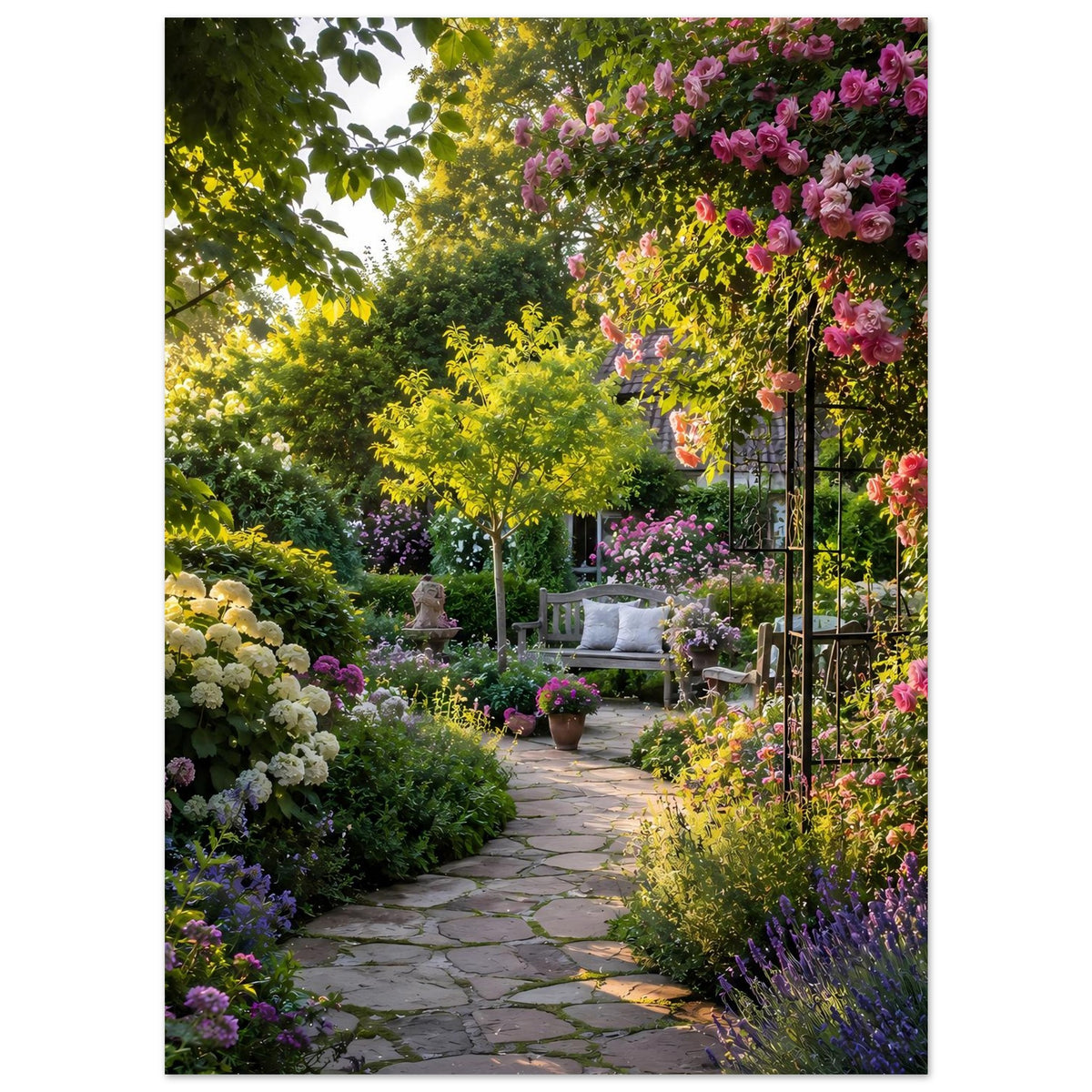 Gartenposter mit Steinpfad, gelbem Blütenbaum und rosa Blütenranken rechts