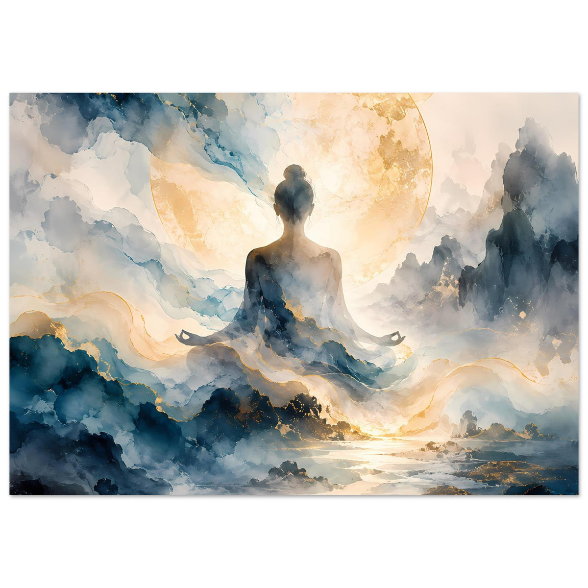 Zen-Poster mit Meditierender Figur, goldener Kreiswolke und weichen blauen Schichten