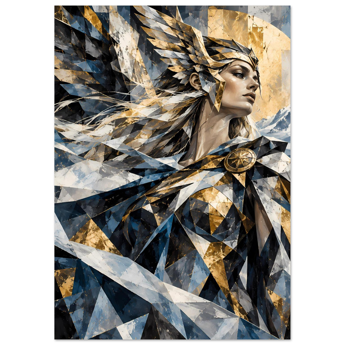 Geometrisches Poster: Frauenkopf mit goldenem Federhelm, blau-goldene Dreieckskacheln
