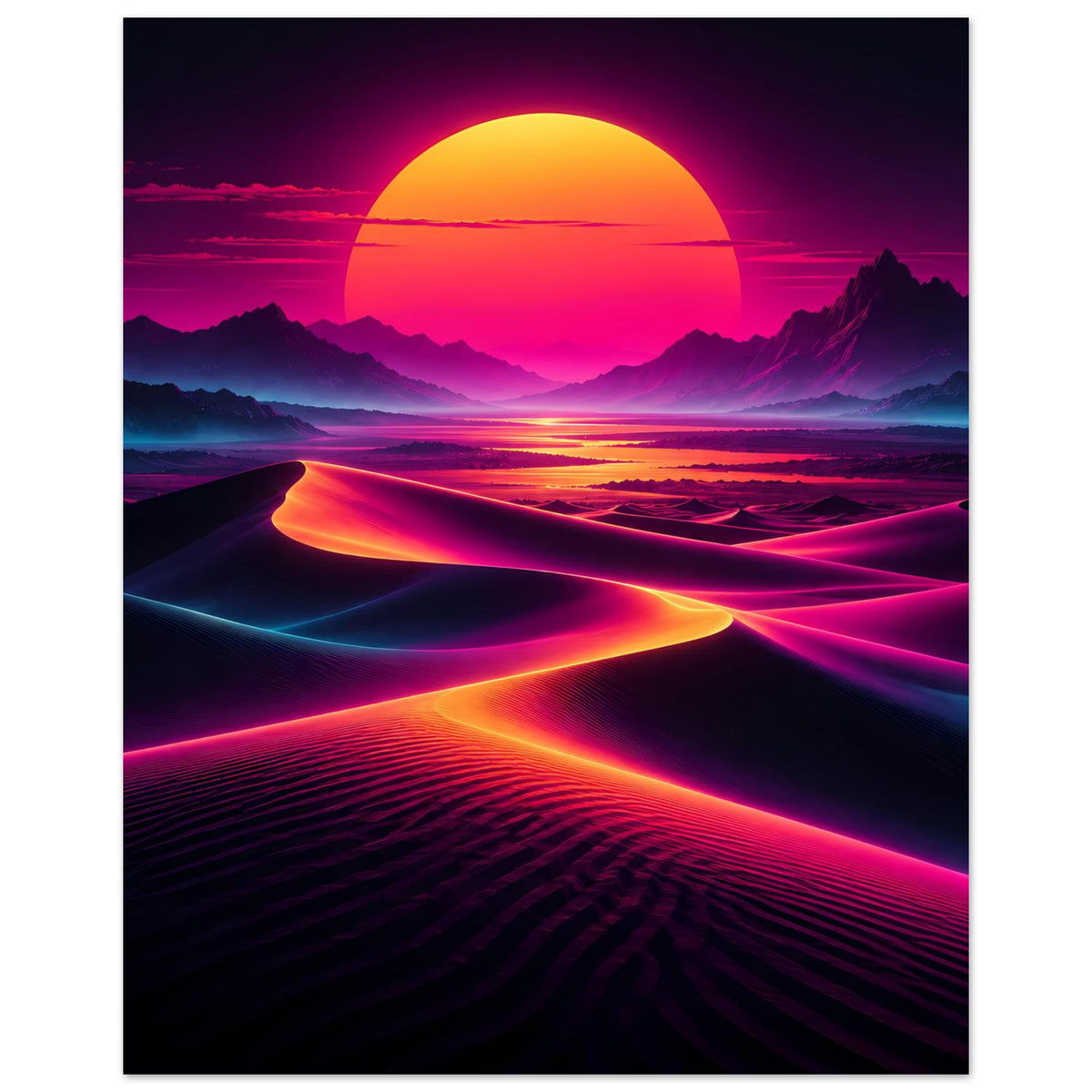 Neon-Sonnenuntergangs-Poster: orangefarbene Sonne über Wüste, zwei farbige Lichtspuren