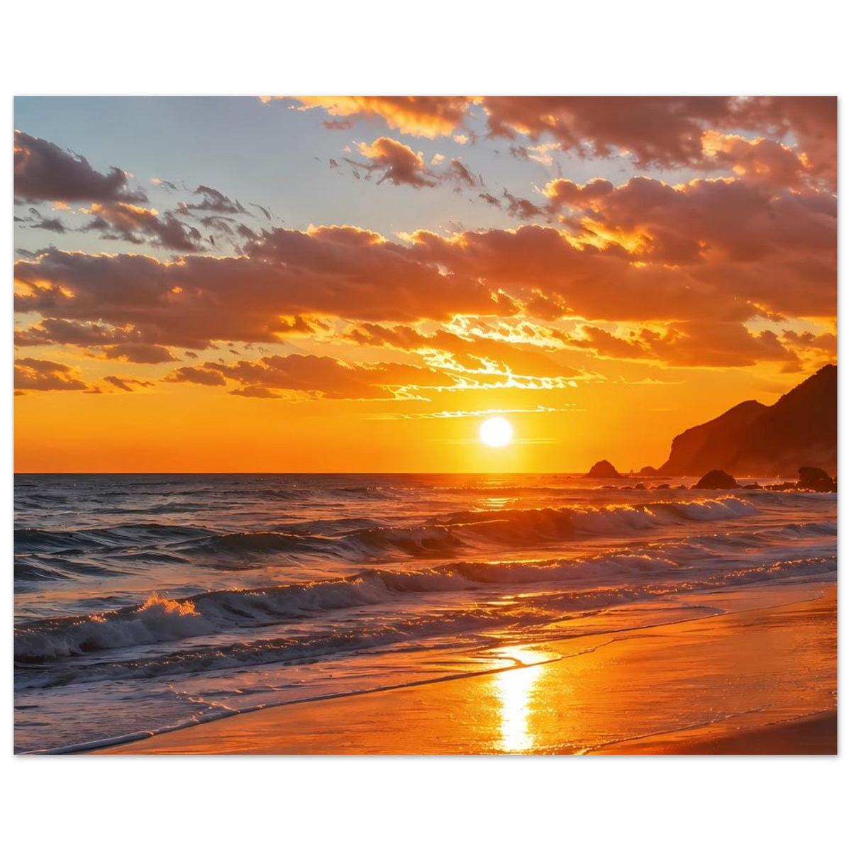 Strandposter im Querformat mit Abendrot, Sonne am Horizont und Lichtkegel auf dem Wasser