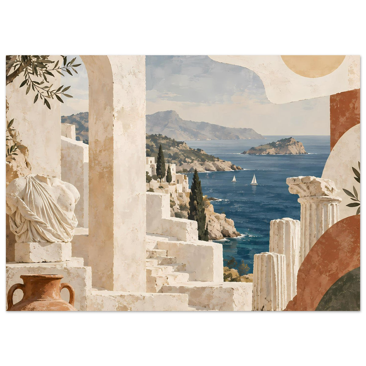 Urlaubs-Poster mit mediterranem Motiv: Architekturrahmen, Amphoren, Pflanzen und Meer