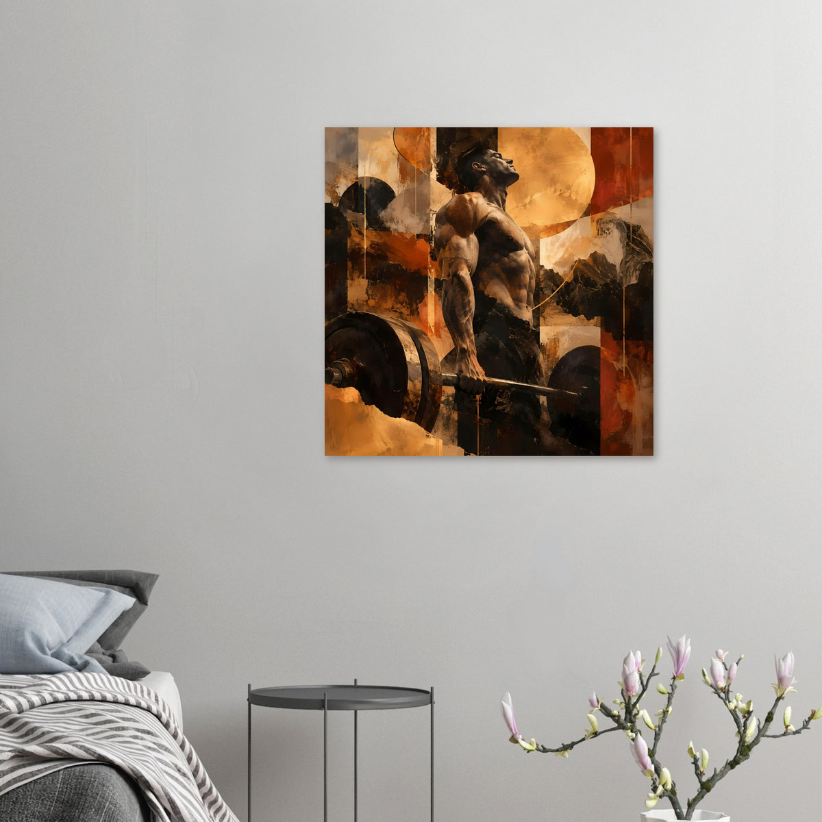Kleines Fitness-Artposter: Hund mit Hantelstange, warmes Erdtöne-Abstraktbild im Rahmen