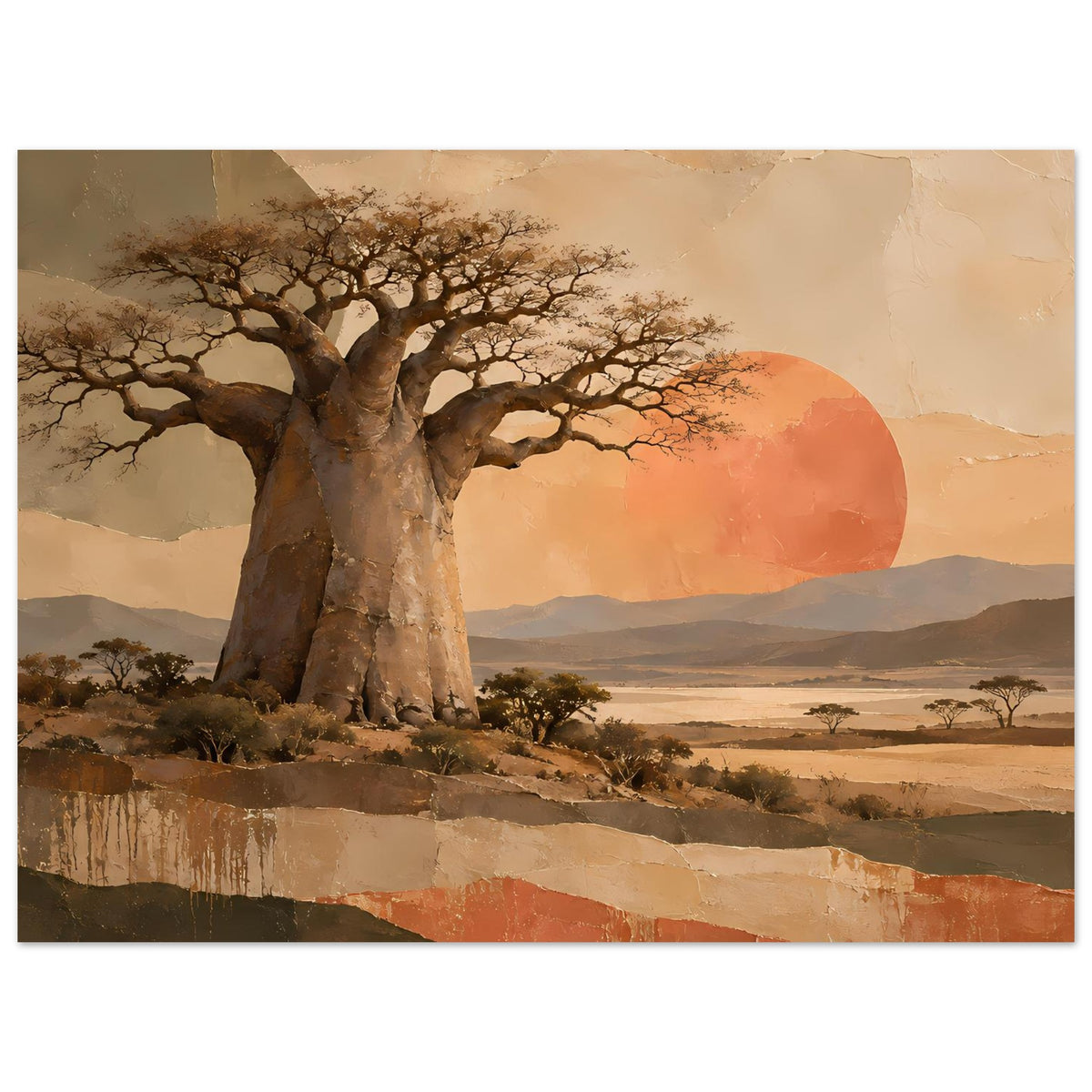 Naturposter mit Baobab-Baum, rundem Sonnenkreis und sanften Hügeln in der Savanne