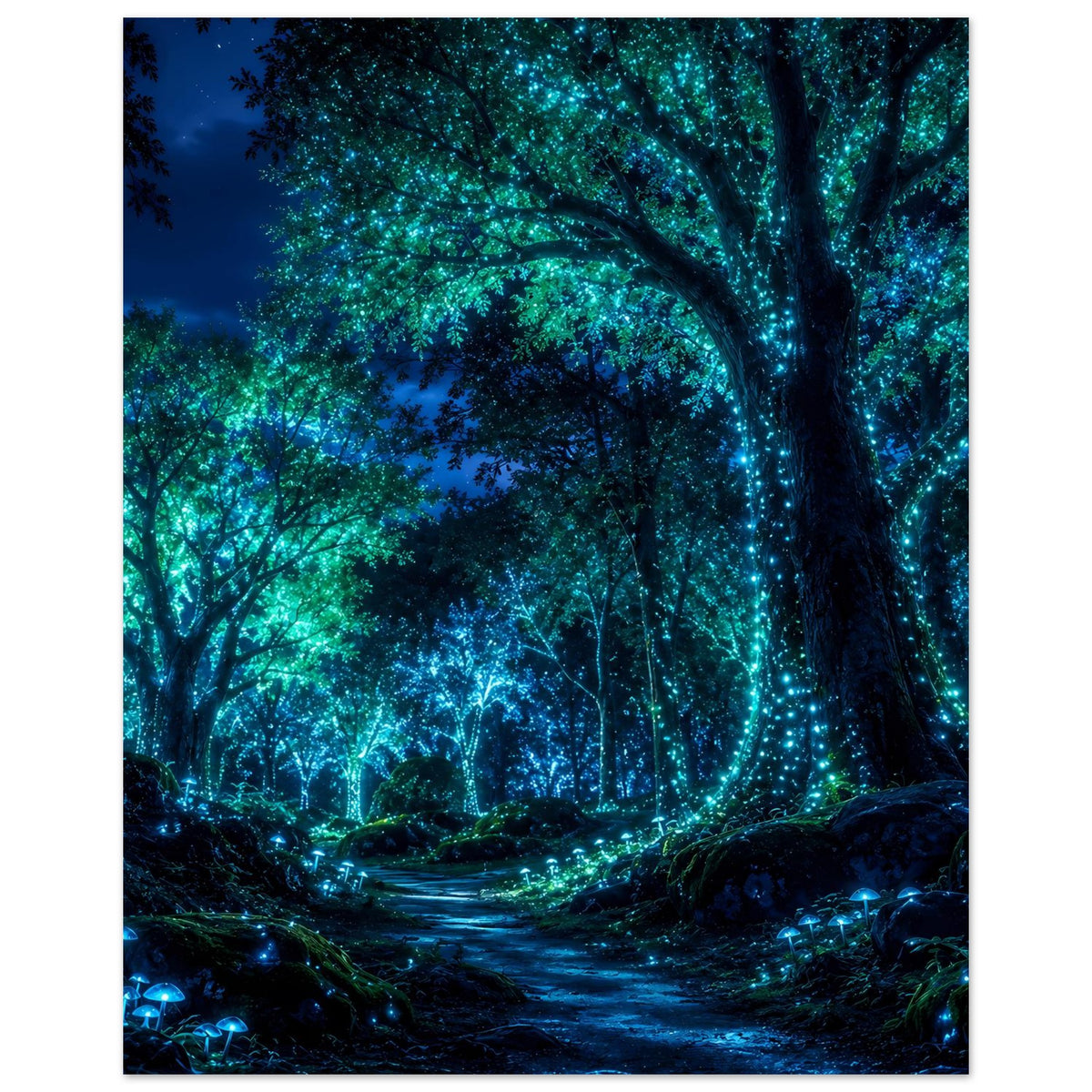 Leuchtendes Waldposter im Hochformat mit blaugrünen Punkten am Stamm und Lichtweg