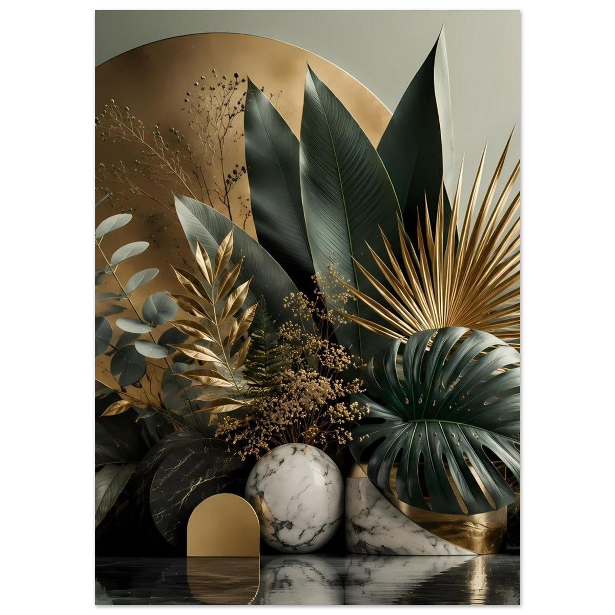 Botanisches Poster mit goldenen Akzenten, grünen Palmenblättern, Eukalyptus und Marmorsphäre