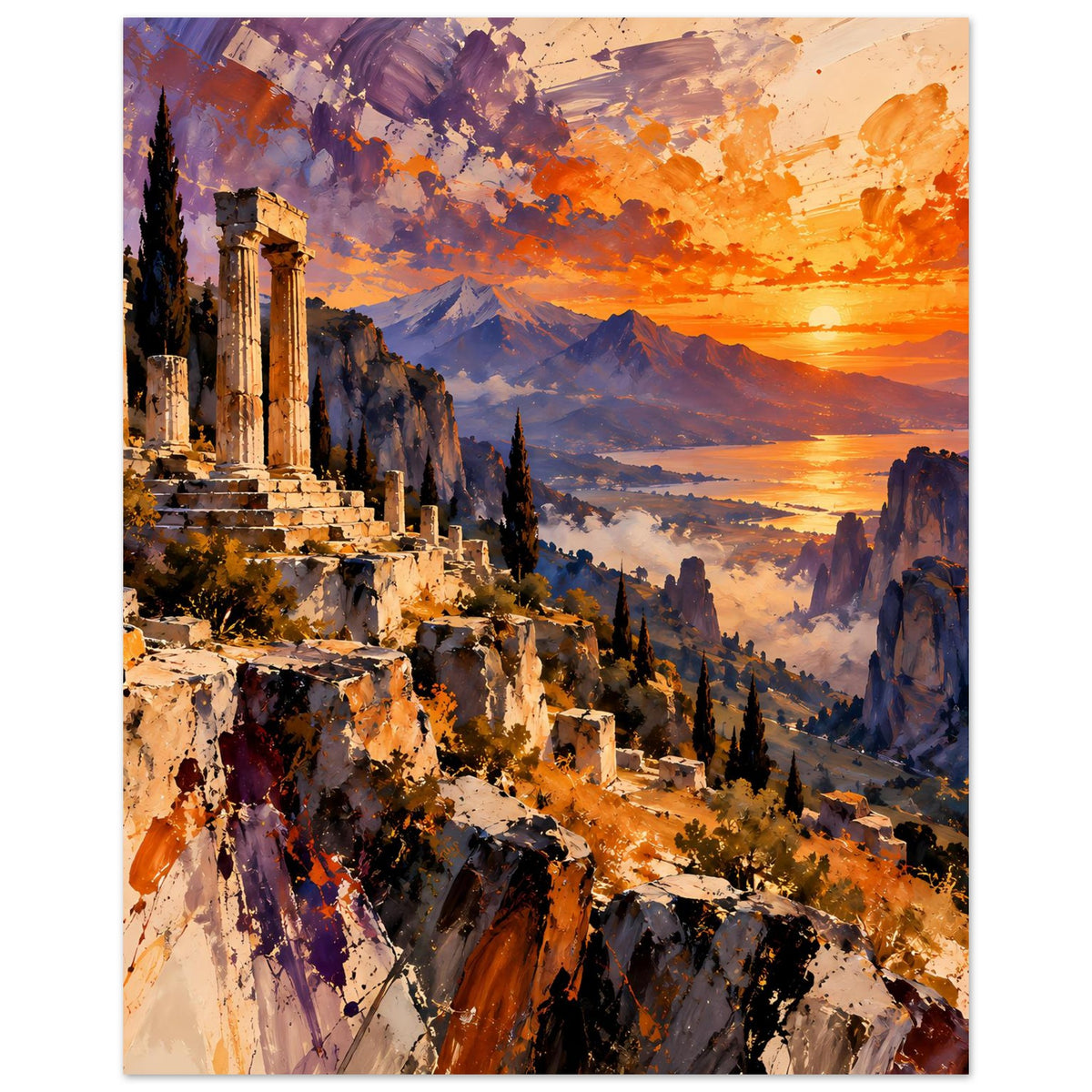 Vertikales Poster mit antiken Ruinen und Sonnenuntergang über Berglandschaft