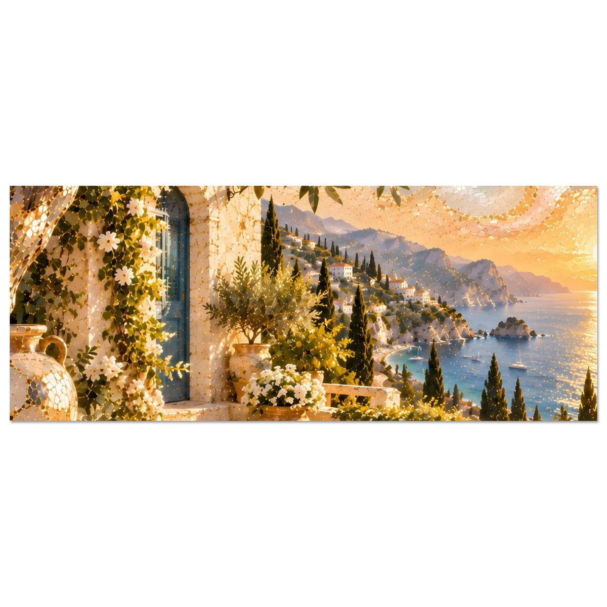 Horizontaler Kunstdruck mit Küstenblick, Olivenzweigen, Säulenbogen und goldener Abendlandschaft