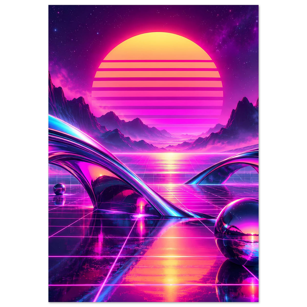 Retro-Science-Fiction-Poster im Hochformat: Neon-Sonnenuntergang mit Rasterboden und Lichtbögen