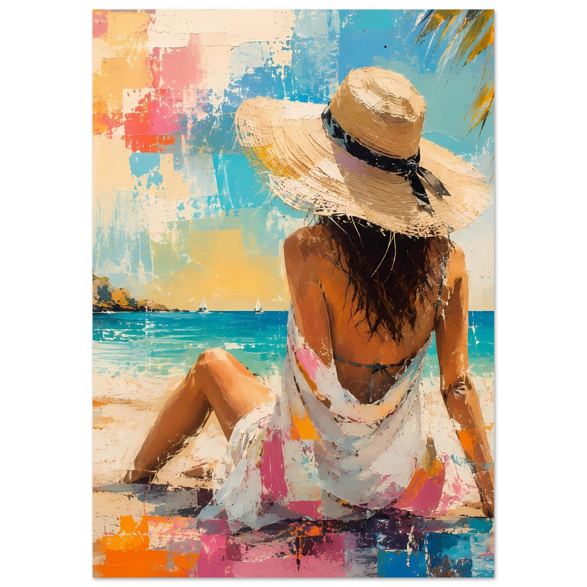 Sommerposter mit Frau von hinten im Strohhut und pastellfarbenem Strandkleid am Meer