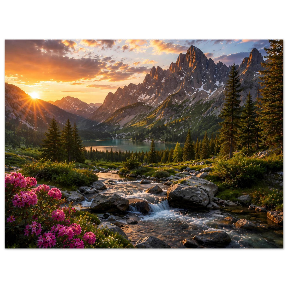 Landschaftsposter mit Bach, pinken Blüten, Felsen, Alpenbergen und Sonnenaufgang