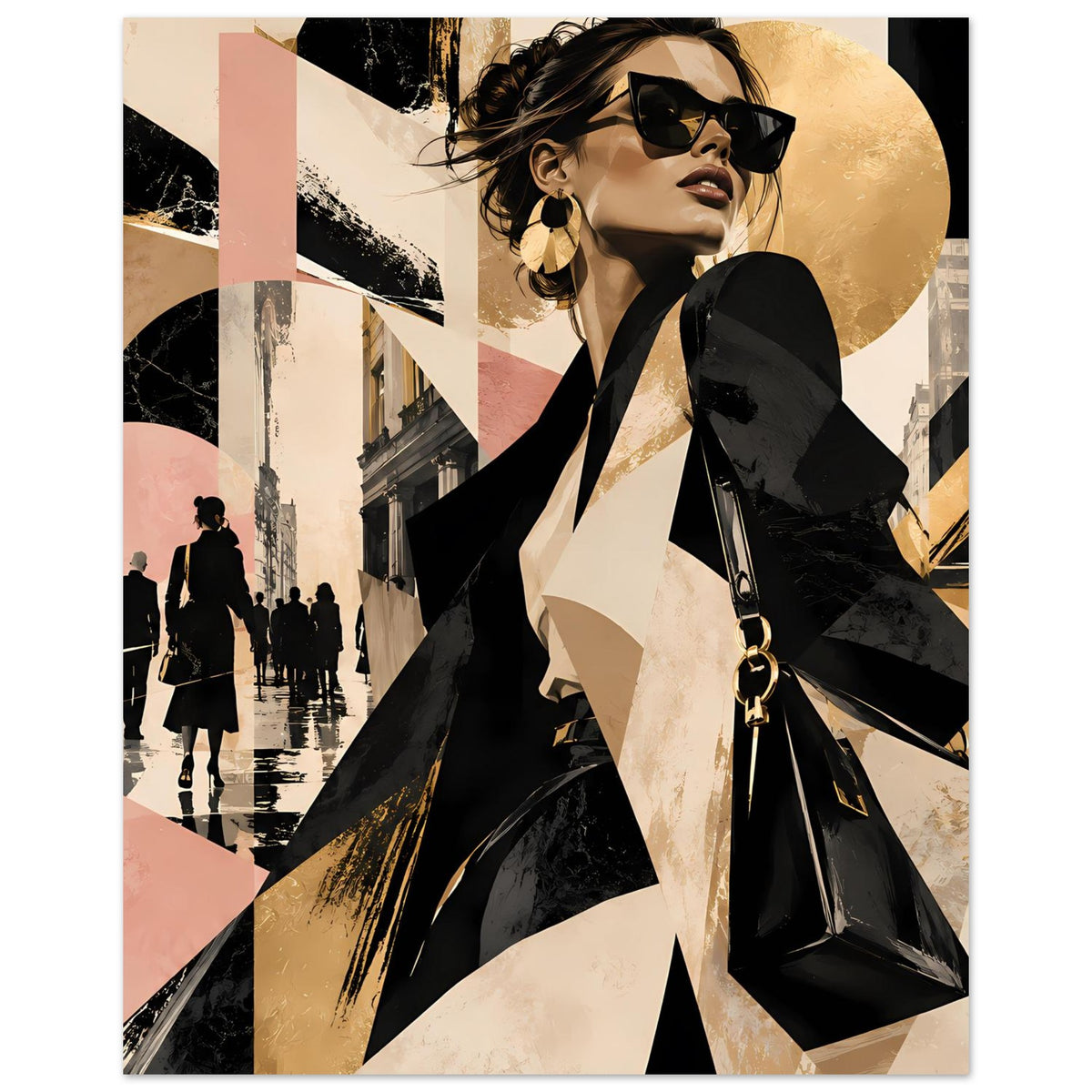 Wandposter: stilisierte Frau in Schwarz mit Sonnenbrille und seitlich getragener Handtasche