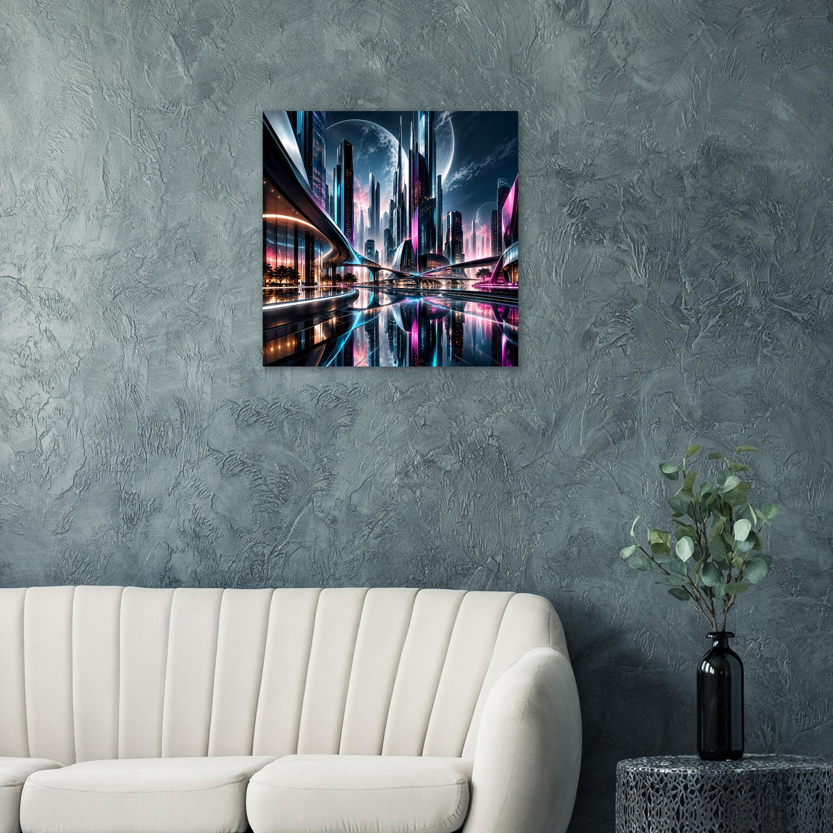 Neon-Stadtposter mit futuristischer Hochhaus-Skyline, leuchtenden Farben und Nachtverkehr