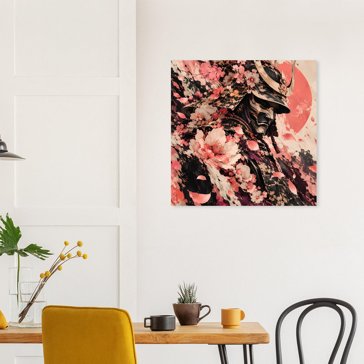 Quadratisches Poster über Holztisch: Samurai im schwarzen Gewand mit rosa Kirschblüten